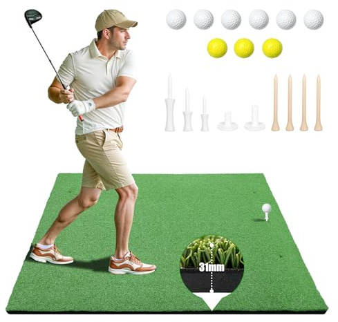 Golf Hitting Mat 5x4 FT Artificial Turf Mat with 2 Rubber Tees, 7 Golf Tees and 9 Balls Training Mat for Indoor/Outdoor Practice