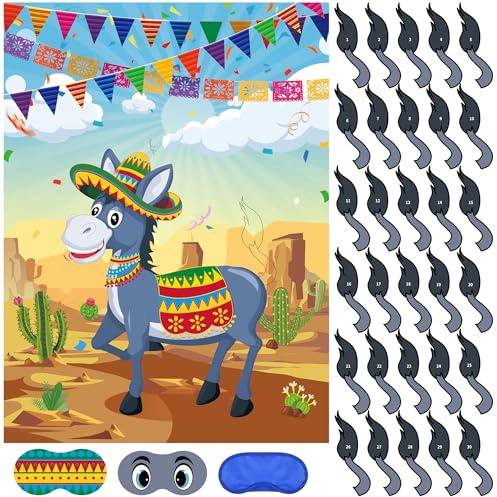 WNSIRVY Pinne den Schweif dem Esel – Mexikanisches Partyspiel mit Poster & 30 Schwanz-Aufklebern für Kindergeburtstag, Fiesta, Karneval