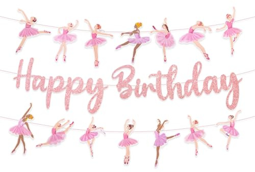 Pink Happy Birthday Banner Ballet Dancer Banners Birthday Bunting Pink Ballerina Dancing Hanging Garland for Girl Women Birthdays Baby Shower Party Supplies