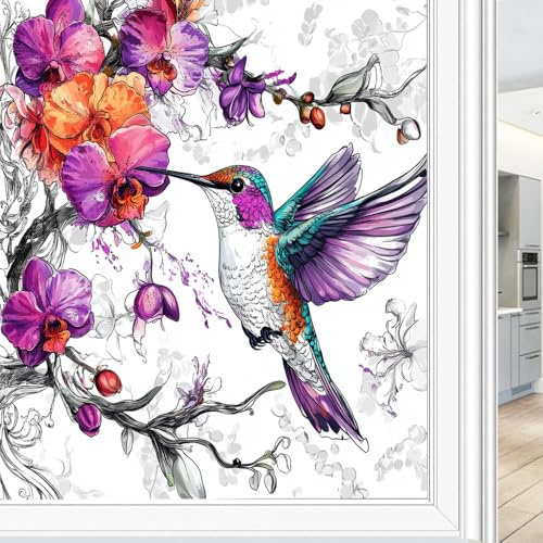 Aquarell Orchidee Kolibri Fenster Sichtschutzfolie Schöne Blume Tier Malerei Milchglas Fensterfolie Dekorative Statische Haftung für Glas für Zuhause 45 x 60 cm