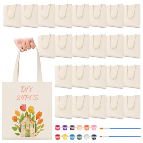 Petallush 24 Pack Canvas Tote Bags Bulk, Reusable Blank Tote Bags with Handles & Acrylic Paint Set, Small Cotton Tote Bag, White, 8 x 8.5