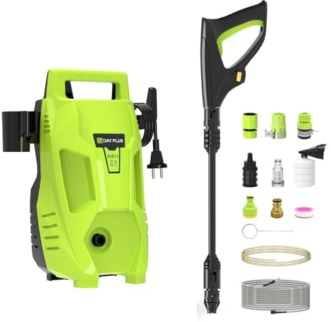 Hochdruckreiniger 1100 Watt 55 Bar 300 l/h, mit 7m Schlauch 12.TLG. Zubehör Set, mit Seifenflasche Schaumdüse, für Autos/Zäune/Garten/Patios/Pool