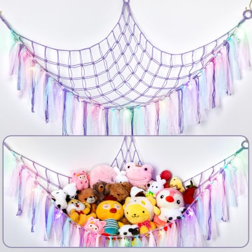 Stuffed Animal Hammock with LED Lights - 59 Inch Large Toy Storage Net for Kids Bedroom, Wall-Mounted Plush Organizer with Wooden Rings, Nursery Decor (Purple)