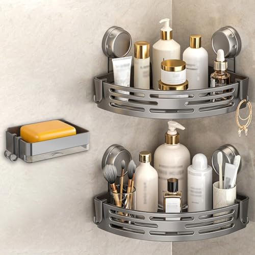 PIEAULOM 3 Pièces Etagere Douche Porte Savon Support sans Percage Rangement Étagère Serviteurs Angle Salle De Bain Mural Organisateur Deco Accessoire Ventouse Set Bathroom Organizer