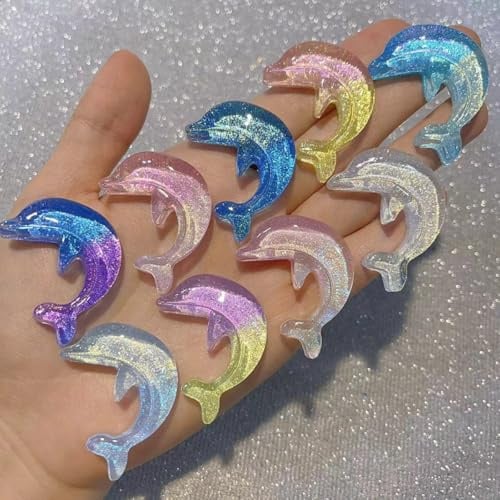 KARLOR 10 Stück Delfin Deko, Fluoreszierend Dolphin Harz Kristall Schimmer Dekoration DIY Haarschmuck Anhänger Accessoires Meerestiere Figur Bastelzubehör Geschenk Dolphin Glow unter UV Lampe (Delfin)