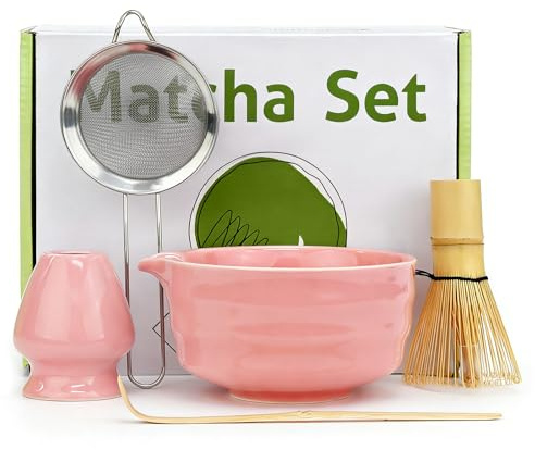 ASSRECT Pink Matcha Tea Set 5PCS, Japanese Matcha Kit with Bowl Whisk Scoop | Beginner Matcha Kit, Complete 5pcs Set, Ceramic Bowl & Bamboo Whisk, Easy Matcha Latte Making, Home Tea Ritual