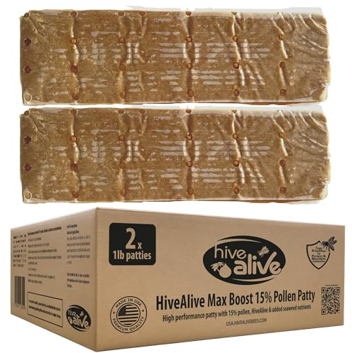 Pollen Patties for Honey Bees - 2lb (2x1lb) Bee Food with 15% Real USA Pollen, Full Dose of Hive Alive Concentrate, Seaweed Micronutrients, and Amino Acids - HiveAlive Feeding Program