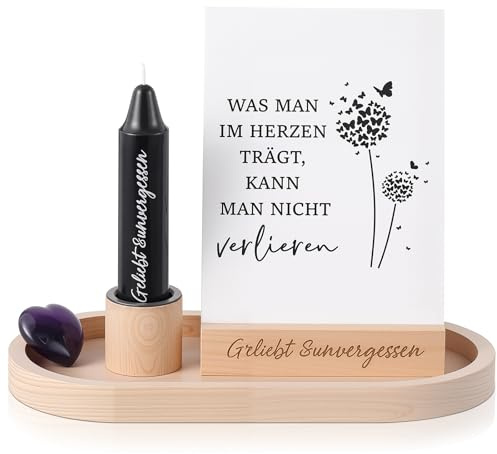 Hestya Trauergeschenk für Hinterbliebene Schwarz Trauerkerze mit Spruch | Holz Kerzen Kartenhalter, Herzstein, Beileid Geschenk, Kondolenz Erinnerung Verstorbene, Beerdigung Deko