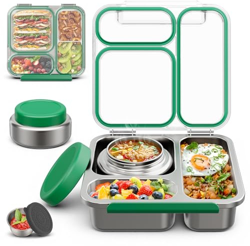 Itslife Brotdose Edelstahl Kinder Set mit Thermobehälter 200ml, Transparenter Deckel Bento Box drei Fächern, Lunch Box mit Saucenbecher für Erwachsen und Schule, BPA-frei, Grün