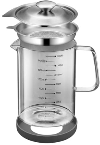 SILENRADAWN Recipiente de Vidrio para Aceite 1,5l Colador Integrado y Tapa Antigoteo, Botella de Almacenamiento para Cocina, Filtro para Aceite Usado y Uso Doméstico