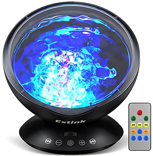 Ozeanwellen Projektor, LED Lampe Stimmungslichter mit Polarlicht Effekten Fernbedienung Lautsprecher 7 Modi Projektor Timing Musik Player für Baby Kinder Schlafzimmer Wohnzimmer Party Theater Room