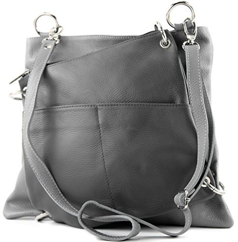 modamoda de - T140 - ital Messengertasche Umhängetasche 2in1 Leder, Farbe:Grau/Dunkelgrau
