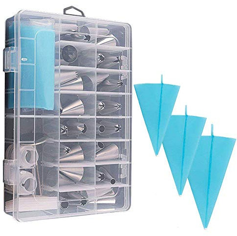 CRIVERS 39PCS Tube with Storage case.Include Tips, Large Piping nozzles, couplers, Silicone Pastry Bags, Flower Nails, Icing Smoother, Stainless Steel, 2