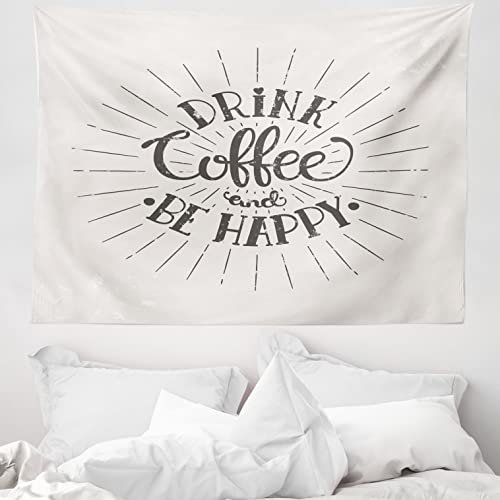 ABAKUHAUS Sei glücklich Wandteppich, Kaffee Wörter Grunge-Effekt aus Weiches Mikrofaser Stoff Waschbar ohne Verblassen Digitaldruck, 150 x 110 cm, Dunkler Taupe und Eggshell