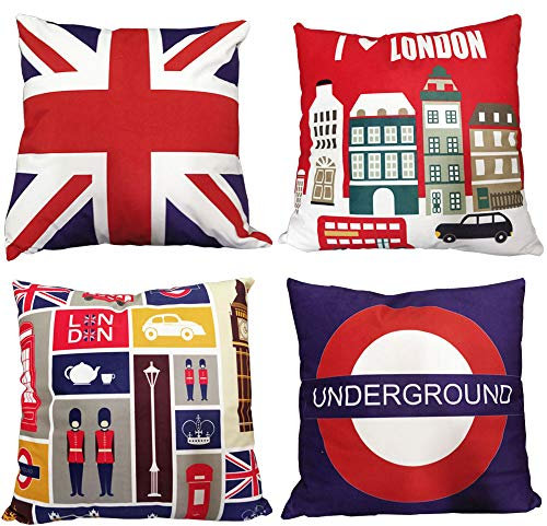 ZBW Impex - Pack of 4 - Luxury Super Soft Velvet London Themed Square Cushion Covers Union Jack Decorative Pillowcase For Home Sofa Bedroom Living Room 18 x 18 inch