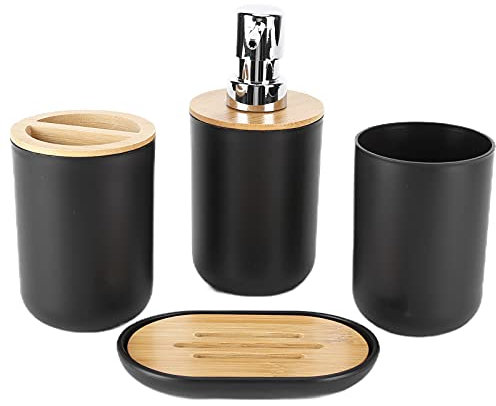 Deror Bad-Accessoires-Set, 4-teiliges Kunststoff-Badezimmer-Dekor-Sets Zubehör, Zahnbürstenhalter, Zahnputzbecher, Seifenspender, Seifenschale(Schwarz)