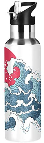Vnurnrn Japon Mer Océan Vague Soleil Bouteille d'eau Isotherme avec Paille en Acier Inoxydable Gourde 600ML, Sans Bpa Gourdes Eau pour Enfant Sport Randonnée École Bureau