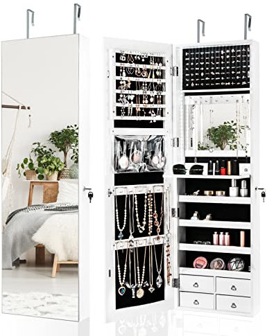 COSTWAY Espejo Joyero de Pared, Armario Joyero con Espejo de Cuerpo Entero LED, Armario para Joyas de Puerta con Cerradura, 4 Cajones, Cajonera Incorporada para Joyas y Cosméticos (blanco)