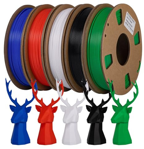 TINMORRY PLA Filament 1.75mm Combipack, 3D Printer Filament, 250g x 5 Spools, Black+White+Red+Blue+Green