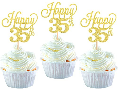 24 Stück 35 Cupcake Toppers GlitterHappy 35th Birthday Kuchen Topper Nummer 35 Achtzehn Sweet 35 Geburtstag Hochzeitstag Party Kuchen Dekorationen Zubehör Gold
