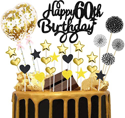 60th Birthday Cake Topper Black Gold, Glitter Happy 60th Birthday Cake Topper Kit, 60th Birthday Cake Toppers for Men Women, 25pcs Birthday Cupcake Toppers for Sixty Birthday Anniversary Party Decor