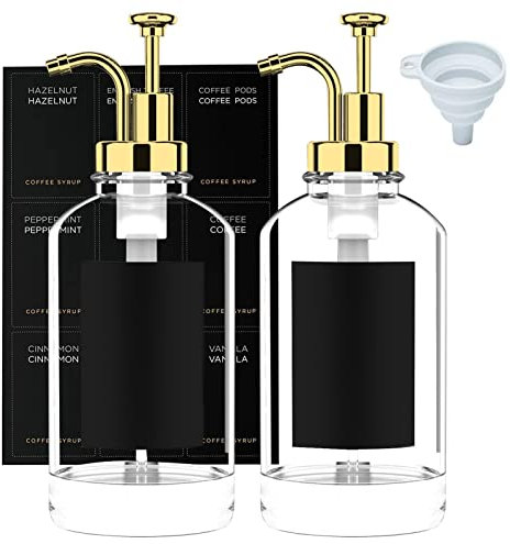Abonda Kaffeesirup-Spender, 500 ml, transparente Kaffee-Sirup-Pumpe, 2 Stück Kaffee-Bar-Zubehör, 2 Pumpen, Trichter, 9 minimalistische Etiketten für Geschirrseife, Mundspülung