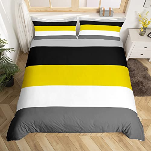 Homewish Yellow Grey Single Duvet Cover Set with 1 Pillowcase - Single Size, 100% Soft & Breathable Polyester, Zip Closure - Geometric Striped Bedding - Modern Simple Pattern with Black Reverse