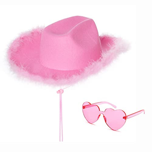 2er Cowboy Hut und Partybrille Herzbrille Cowgirl Hut Kostüm Accessoires für Erwachsene Rodeo Wilder Westen Kostü Karneval Mottoparty Halloween Party (Rosa)