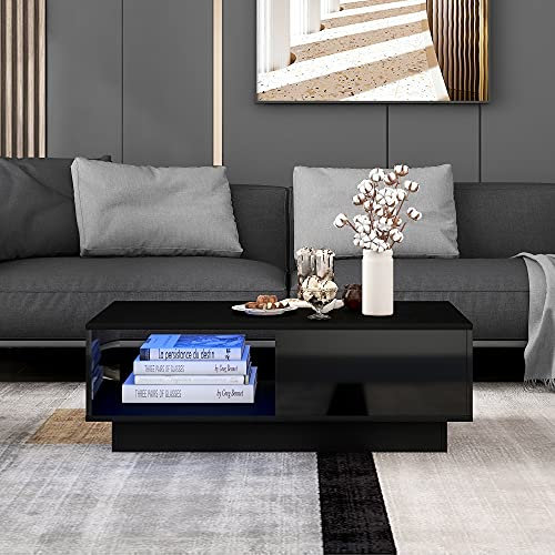 Merax Couchtisch, moderner Hochglanz-Sofatisch, Couchtisch, rechteckiger weißer Wohnzimmertisch mit LED-Licht, 15 Farben für Teetisch, Haushaltsdekoration (Schwarz, 99 x 55 x 32 cm)