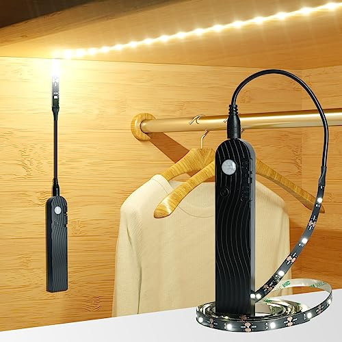 Sensky Rechargeable Motion Sensor Light, Battery Powered LED Strip Lights,Dimmable Under Cabinet Lighting with PIR Motion Sensor for Wardrobe, Cupboard, Hallway, Stairs(2M, Warm White,Black)