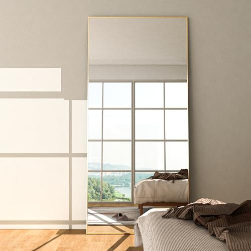 NEUWEABY Specchio a figura intera, 165 x 60 cm specchio da pavimento, grande corpo a specchio dorato, specchio rettangolare per camera da letto, soggiorno da appendere