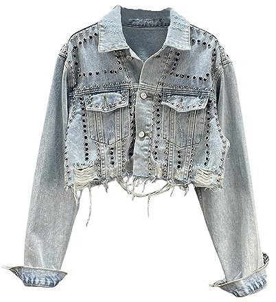 Jeansjacke Damen,Damen Jeansjacke Mit Schweren Nieten Vintage Stil Ausgefranste Nagelperlen Kurze Jeans Oberteile Maßgeschneiderter Stretch Jeansmantel Mit Trucker Knopf Strickjacke Abgeschnittene J