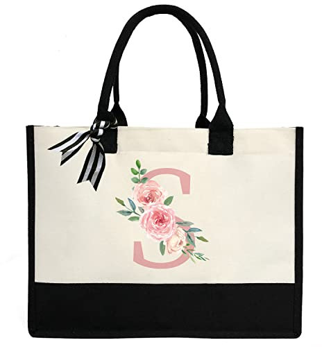 Personalisierte Strandtasche aus Segeltuch mit Innentasche mit Reißverschluss, doppelte Schultergurte, monogrammierte Jute-Tasche für die tägliche Arbeit und Reisen, Rosa Buchstabe S, Einheitsgröße