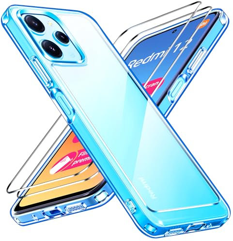 ivoler Nie Vergilbung Klar Hülle für Xiaomi Redmi 12 4G / 5G, 1 Handyhülle mit 2 Stück Panzer Schutz Glas, [Militärischer Schutz] Stoßfest Transparent Schutzhülle Dünn Durchsichtige Case