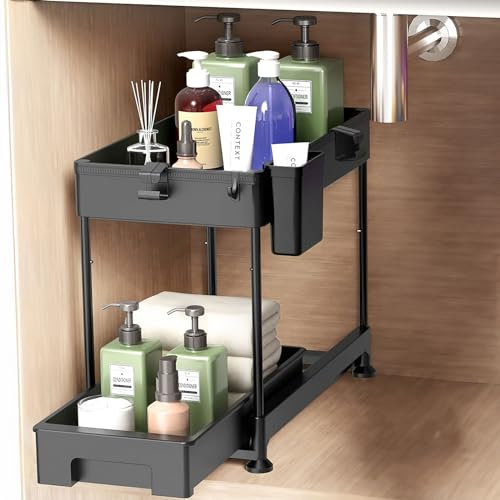 AUSAULAC Organisateurs et rangement sous évier à hauteur réglable, organiseur coulissant à 2 niveaux pour salle de bain, cuisine, rangement multifonction sous évier avec 1 tasse suspendue (noir