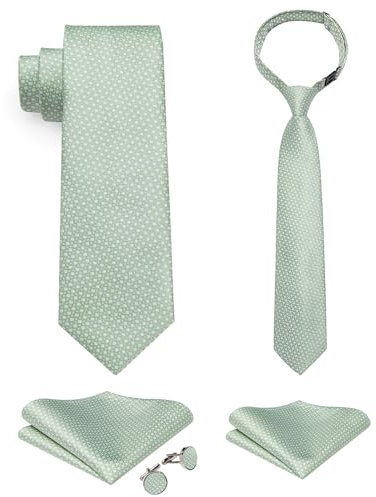 DiBanGu 2-teiliges Set für Vater und Sohn, Seide, verstellbare Krawatte und Einstecktuch, Manschettenknöpfe, vorgebundene Krawatte für Kinder, Salbeigrün, Einheitsgröße