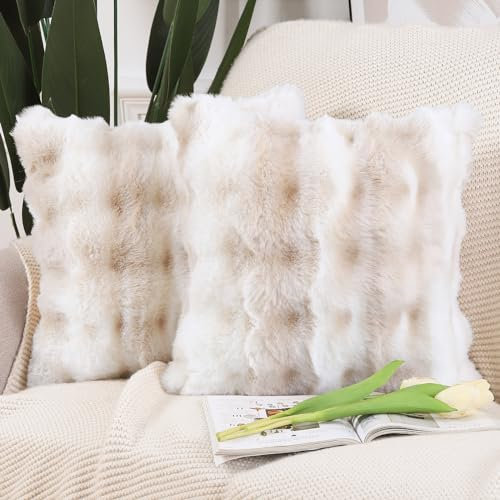 Madizz 2er Set Sanft Plüsch Kurze Wolle Samt Dekorativ Zierkissenbezüge Luxus Stil Kissenbezug für Sofa für Schlafzimmer Weiß Beige 40x40 cm