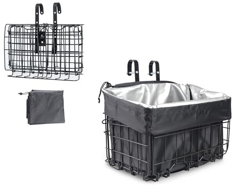 MEGHNA Fahrradkorb aus Metall, vorne, abnehmbar, höhenverstellbar, Eisen, Lenkerkorb, hinten, faltbar, mit Innenfutter, wasserdicht, Schwarz