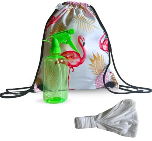NARAMAKI Sac à dos flamant rose 33 x 43 cm + Bandana bandeau pour cheveux blanc + spray plage – kit été 2024, multicolore, Taille unique