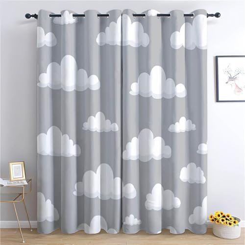 Grau Vorhänge für Wohnzimmer Schlafzimmer, Cartoon Kinder Wolken Vorhang Blickdicht Kälteschutz Hitzeschutz Waschbar, H214 x B183 cm Gardine mit Ösen für Kinderzimmer Deko