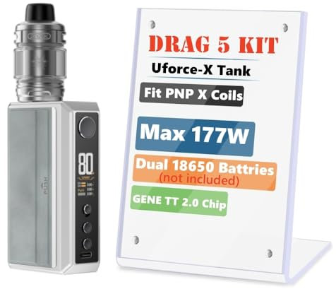 VOO'POO Drag 5 Kit 177 W Atomizador Uforce X 5,5ml Bobina PNP X 0,15/0,3ohm Baterías Dual 18650 (Baterías no incluidas) Cigarrillo Electrónico Vape Original (Plata) - No Nicotine