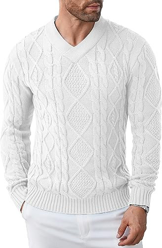 COOFANDY Men's Cable Knitted Jumper V-Neck Warm Slim Fit Jumper Classic Winter Pullover Sweater for Men White M