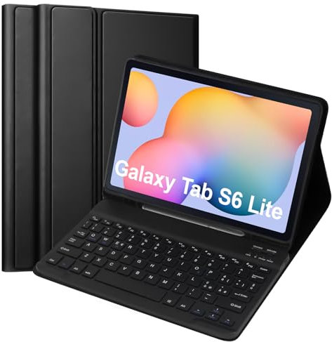 Hülle mit Tastatur für Samsung Galaxy Tab S6 Lite 2024/2022/2020, Schutzhülle mit Pencil Halter Wireless Tastatur (Deutsches Layout) für Tab S6 Lite 10,4 (P610/P613/P615/P619/P620/P5625), Schwarz