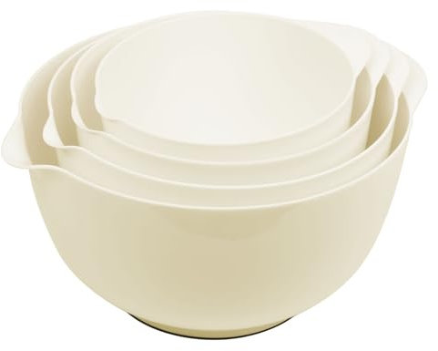 BoxedHome Beige Nesting Plastic Mixing Bowl Set with Pour Spout, Microwave and Dishwasher Safe, BPA Free Non-Slip Base, Set of 4, Great for Prepping, Baking, Cooking