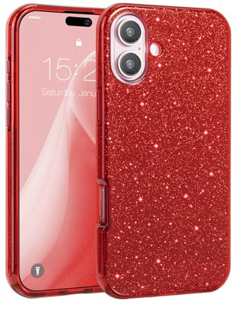 MATEPROX Compatible with iPhone 16 Plus Case, Glitter Bling 3-Layer Shockproof Anti-Scratch Cover for Girl Women, Trendy Protective Case for iPhone 16 Plus 2024-Red