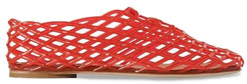 Jelly Mesh Ballet Flats for Women, Adult Clear Hollow Jellies Slip-on Sandals, Comfortable Closed Toe Beach Ballerina Shoes with Summer Red