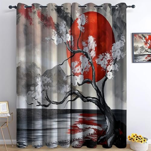 Rideaux Occultants À Isolation Thermique avec Œillets pour Chambre À Coucher Et Salon, Cerisier Japonais Motif Décoration Intérieure Accent Lot de 140L X 260H cm (2 Panneaux), Rouge Et Blanc