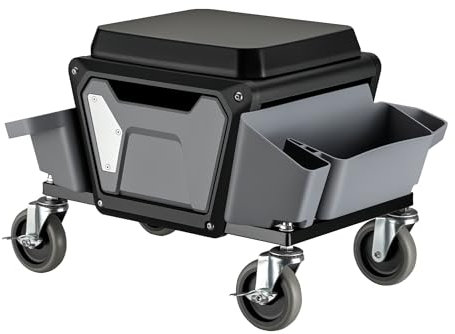 Wiltec Rollsitz 53 x 38 x 38 cm bis 120 kg, Werkstatthocker mit Rollen, Rollhocker mit Werkzeugablage, Werkstattstuhl mit Abnehmbarer Teileablage, Montagehocker mit Rädern