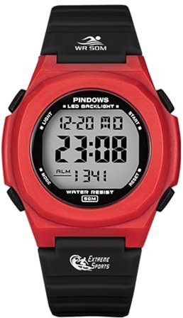 PINDOWS Militär Uhr Herren Digital, Armbanduhr Military Watch Outdoor 5 ATM Wasserdicht Digitaluhr Herrenuhren für Geburtstagsgeschenke/Geschenke,Black and red