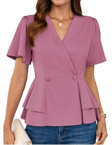 GRACE KARIN Chemisier à Volants Haut Manches Courtes Été Col V Élégant Cache-Coeur Business S Rose